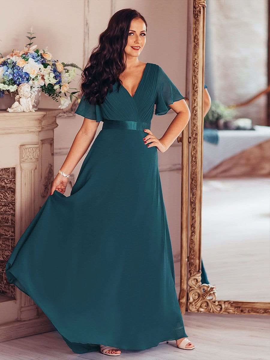 Langes Brautjungfernkleid mit Empire-Taille und kurzen, flatternden Ärmeln #Farbe_Teal