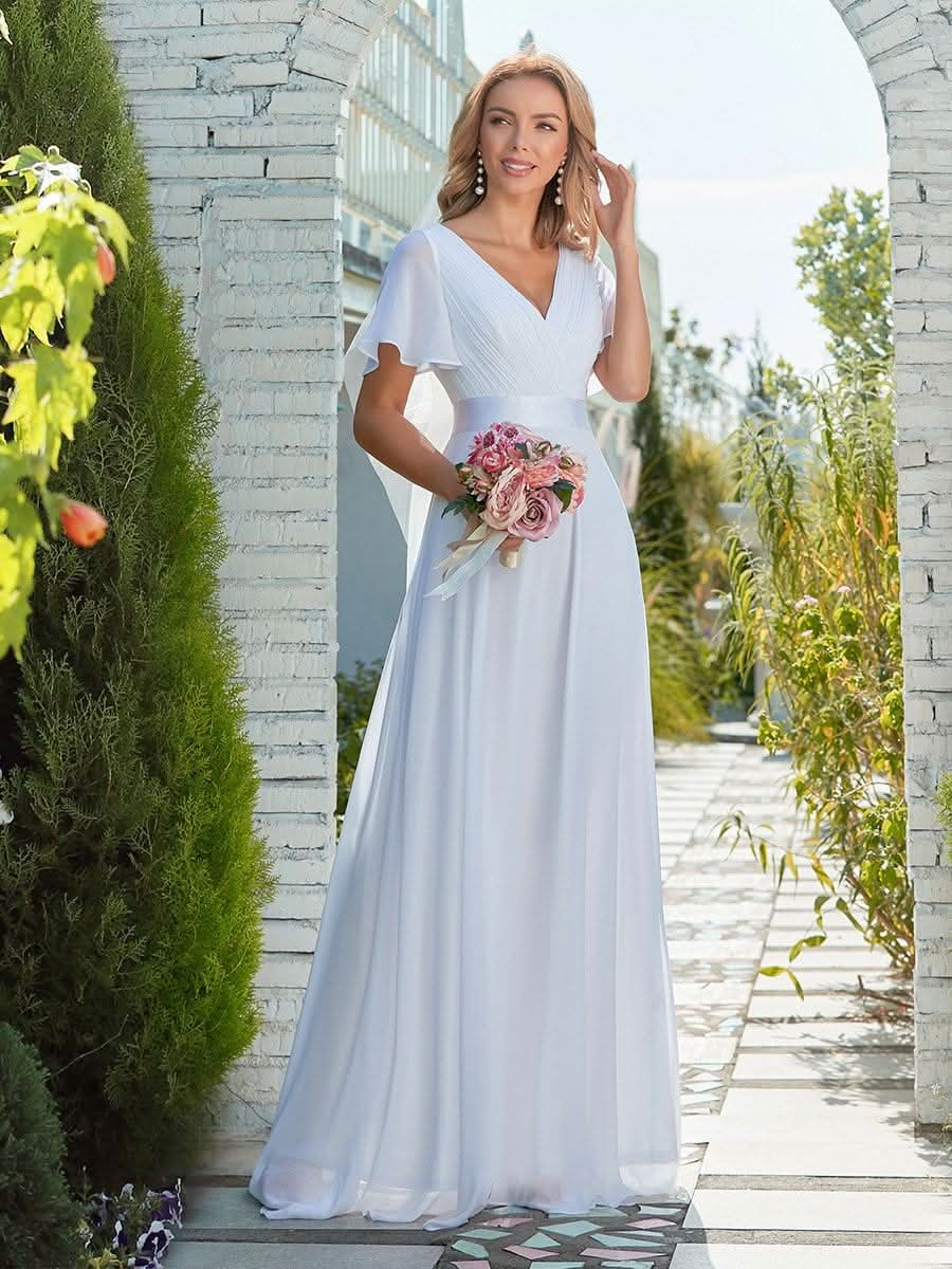 Minimalistisches A-Line Maxi Chiffon Brautkleid mit Satingürtel #Farbe_Weiss
