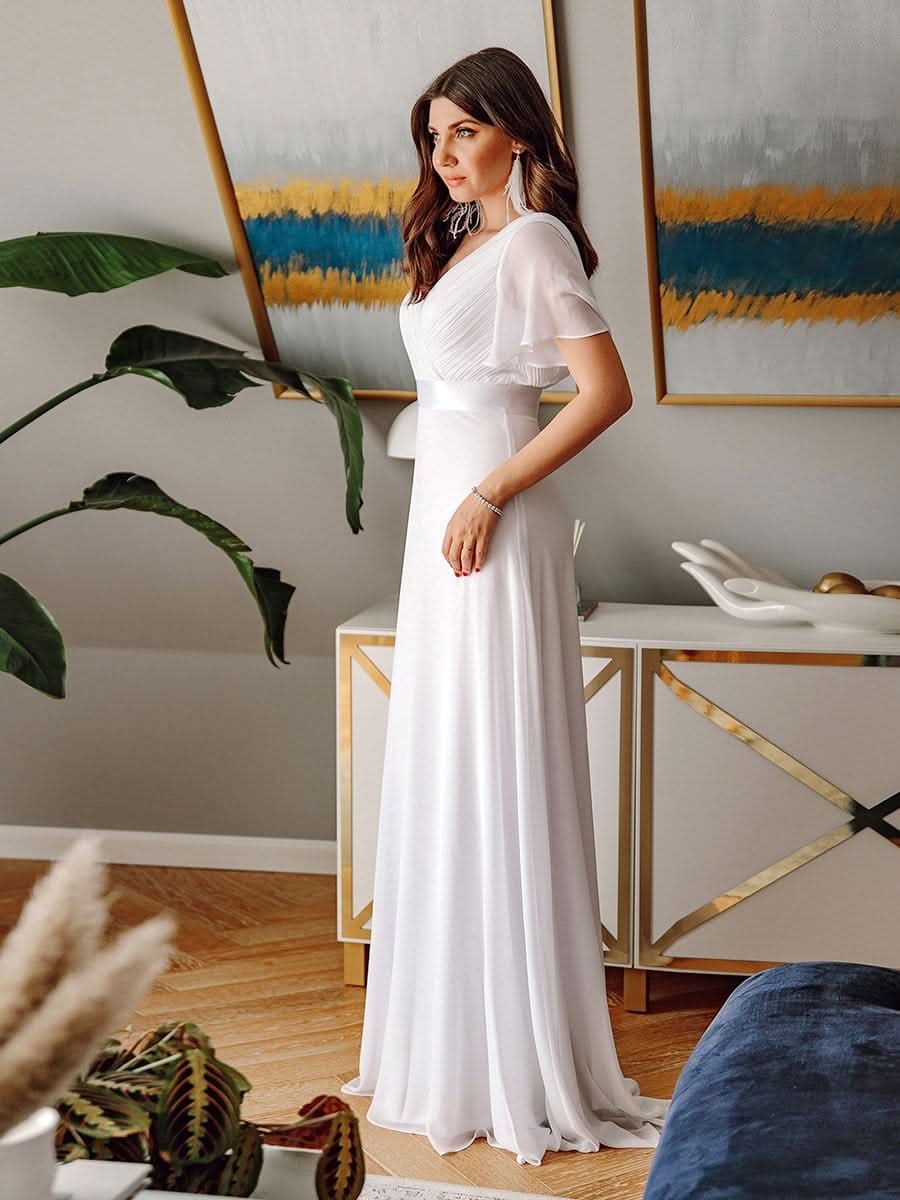 Damen V-Ausschnitt Chiffon Lange Abendkleider mit Schleppe #Farbe_Weiss Damen V-Ausschnitt Chiffon Lange Abendkleider mit Schleppe #Farbe_Weiss