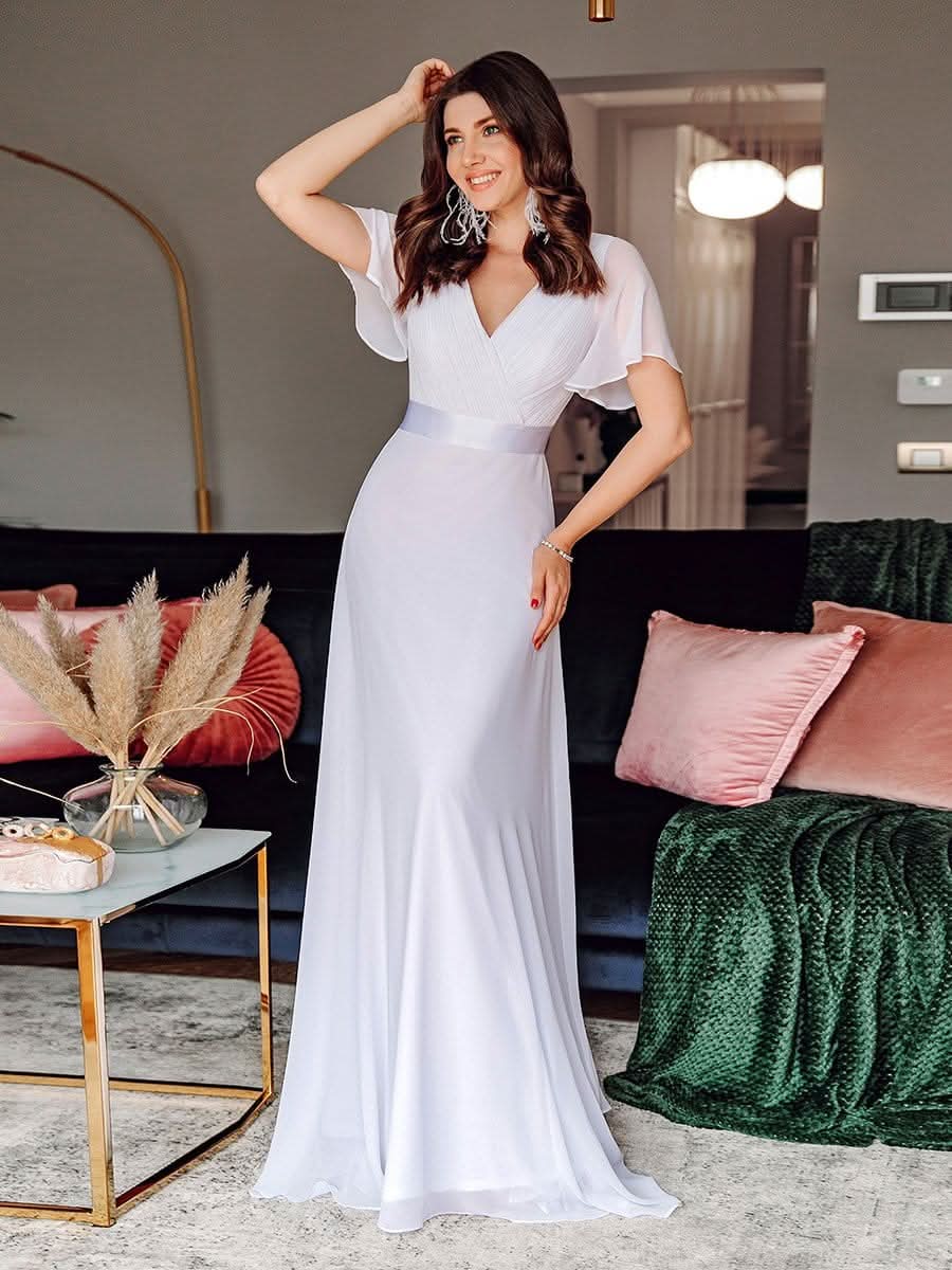 Damen V-Ausschnitt Chiffon Lange Abendkleider mit Schleppe #Farbe_Weiss Damen V-Ausschnitt Chiffon Lange Abendkleider mit Schleppe #Farbe_Weiss