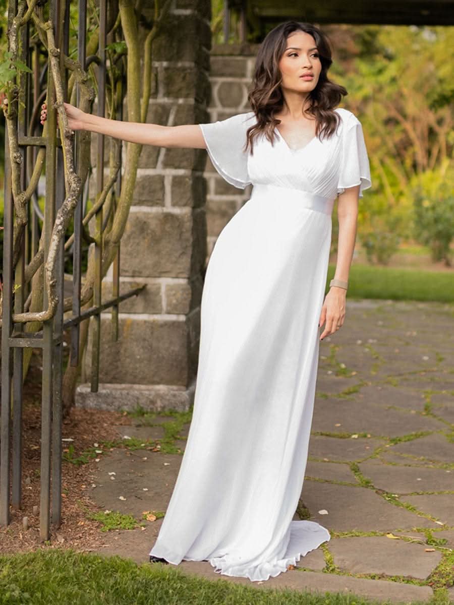 Langes Brautjungfernkleid mit Empire-Taille und kurzen, flatternden Ärmeln #Farbe_Weiss