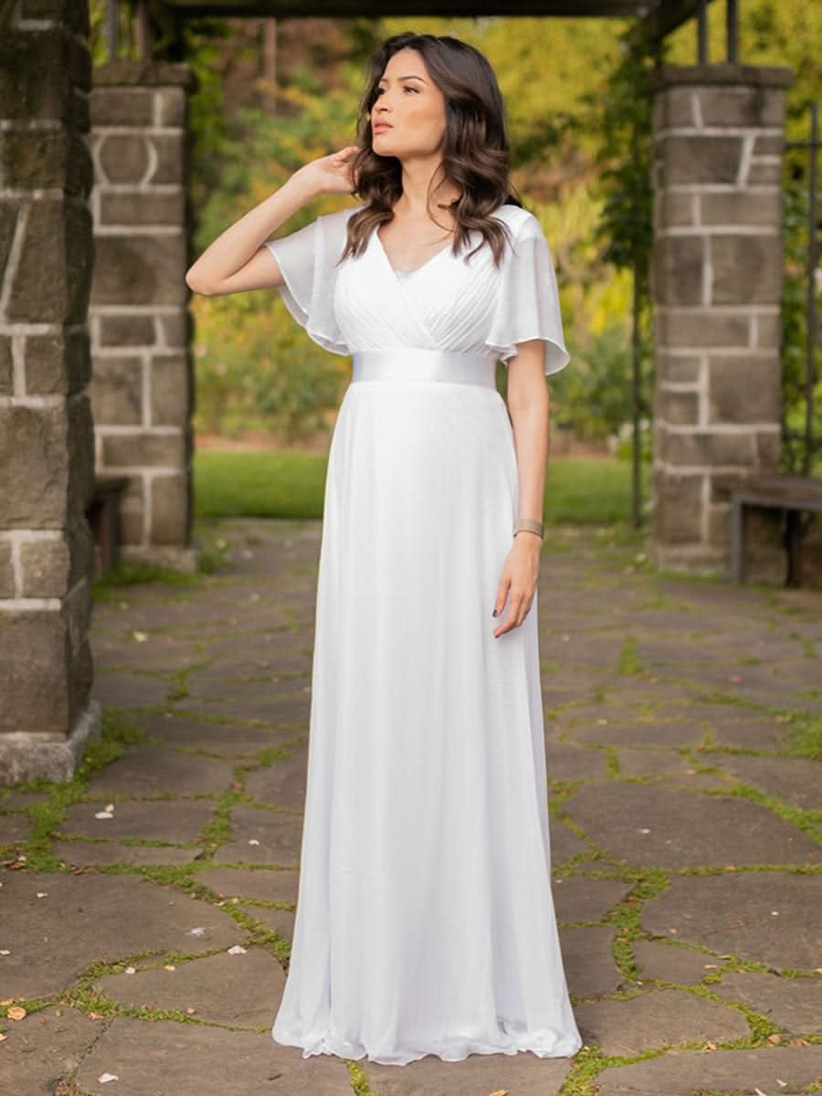 Langes Brautjungfernkleid mit Empire-Taille und kurzen, flatternden Ärmeln #Farbe_Weiss