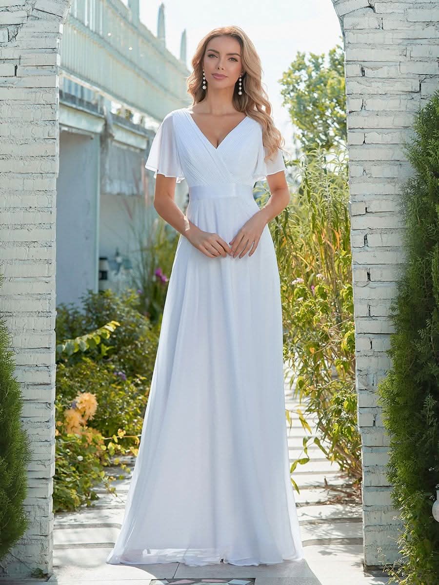 Minimalistisches A-Line Maxi Chiffon Brautkleid mit Satingürtel #Farbe_Weiss