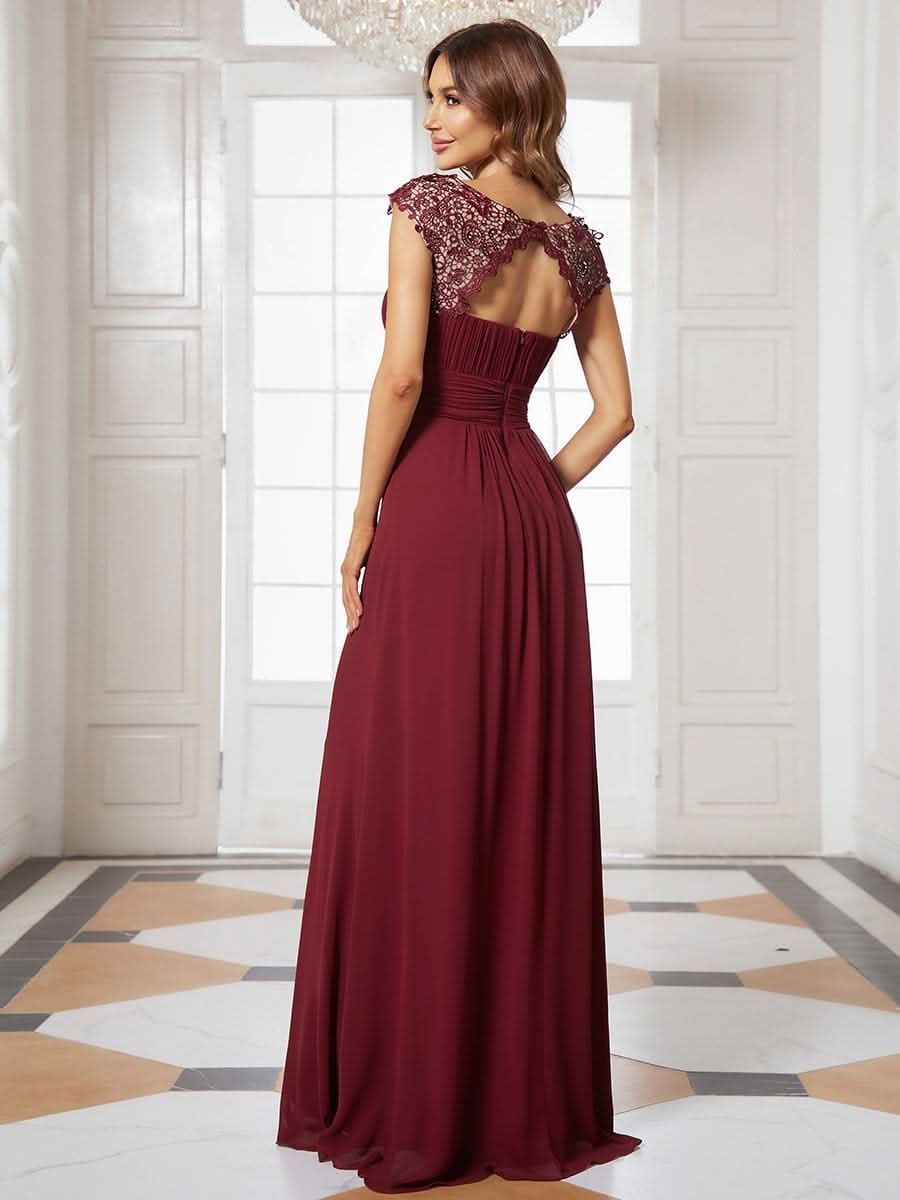 Damen Spitze&Chiffon Lange Abendkleider mit offenem Rücken #Farbe_Burgundy