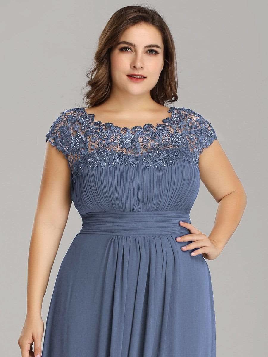 Color=Dusty Navy | Plus Size Damen Lace Kurzarme Chiffon Lange Abendkleider 09993-Dusty Navy 4