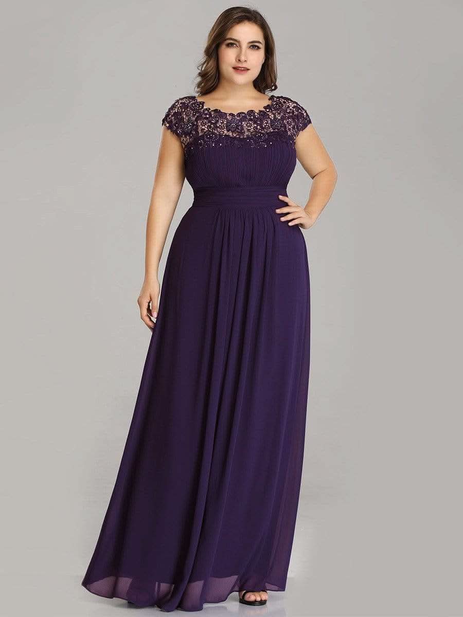 Color=Dunkel Violett | Plus Size Damen Lace Kurzarme Chiffon Lange Abendkleider 09993-Dunkel Violett 4