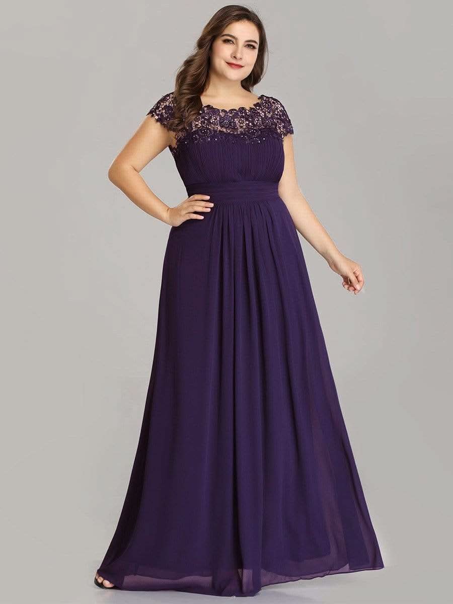 Color=Dunkel Violett | Plus Size Damen Lace Kurzarme Chiffon Lange Abendkleider 09993-Dunkel Violett 1