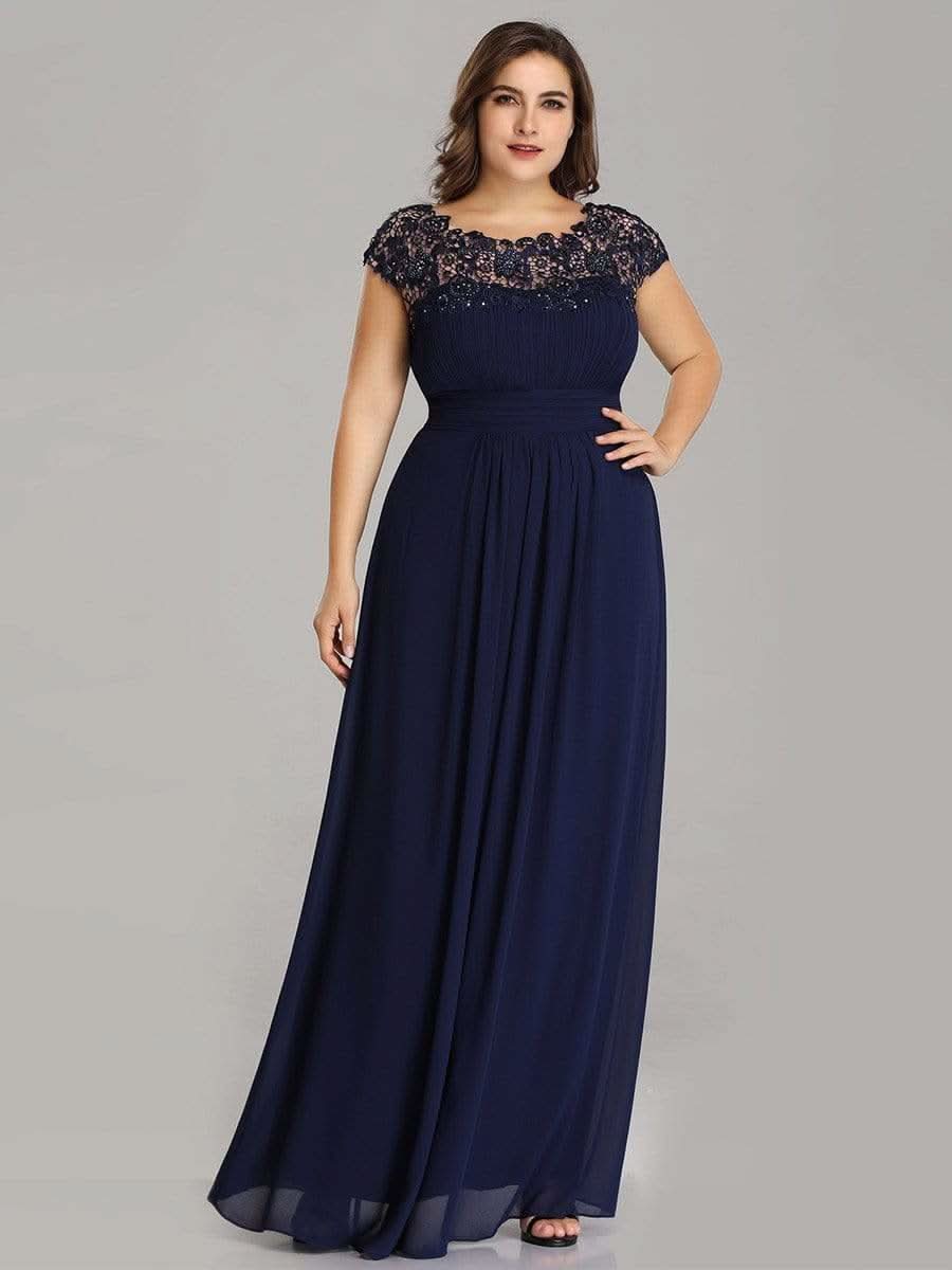 Color=Navy Blau | Plus Size Damen Lace Kurzarme Chiffon Lange Abendkleider 09993-Navy Blau 4