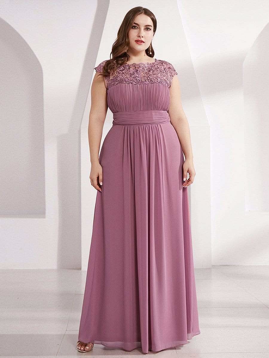 Color=Orchid | Plus Size Damen Lace Kurzarme Chiffon Lange Abendkleider 09993-Orchid 1