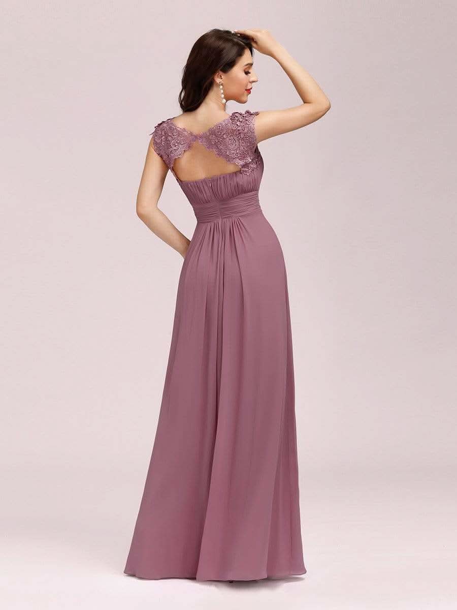 Damen Kurzarm Spitze&Chiffon Lange Abendkleider mit offenem Rücken 09996 #farbe_Orchid