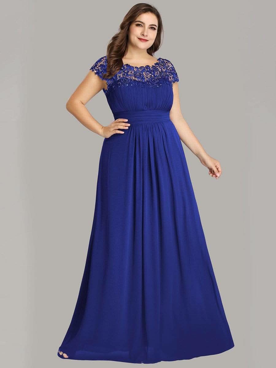 Color=Saphirblau | Plus Size Damen Lace Kurzarme Chiffon Lange Abendkleider 09993-Saphirblau 1