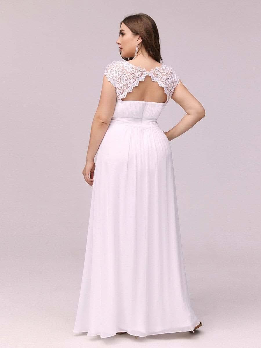 Damen Kurzarm Spitze&Chiffon Lange Abendkleider mit offenem Rücken 09996 #farbe_Weiss