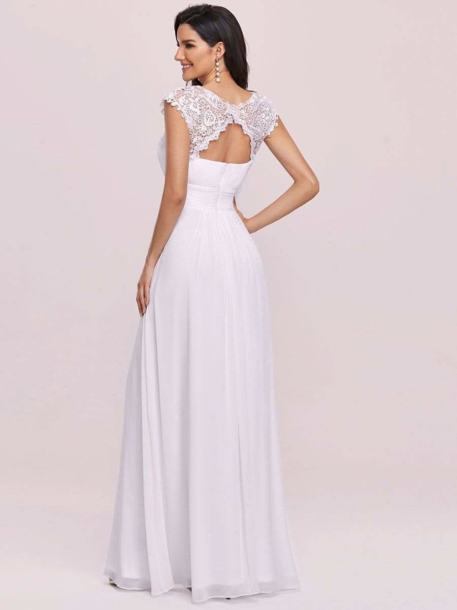 Damen Kurzarm Spitze&Chiffon Lange Abendkleider mit offenem Rücken 09996 #farbe_Weiss