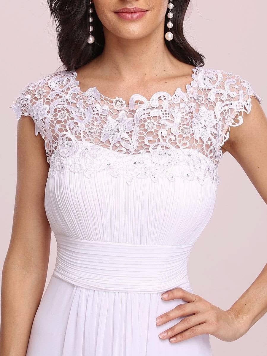 Damen Kurzarm Spitze&Chiffon Lange Abendkleider mit offenem Rücken 09996 #farbe_Weiss