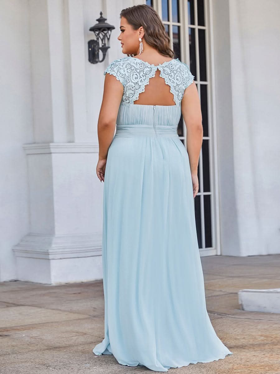 Elegantes Maxi-Brautjungfernkleid mit langen Spitzen und FlügelÄrmeln #Farbe_Blau