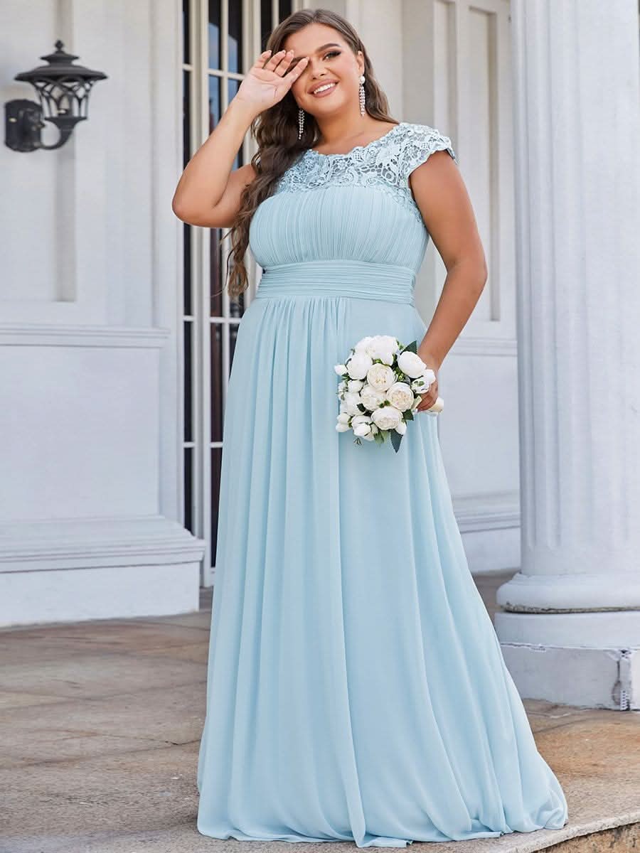 Color=Blau | Plus Size Damen Lace Kurzarme Chiffon Lange Abendkleider 09993-Blau 1