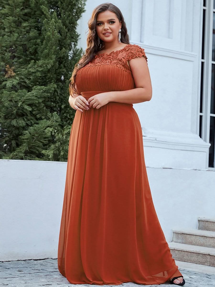 Color=Gebrannte Orange | Plus Size Damen Lace Kurzarme Chiffon Lange Abendkleider 09993-Gebrannte Orange 1