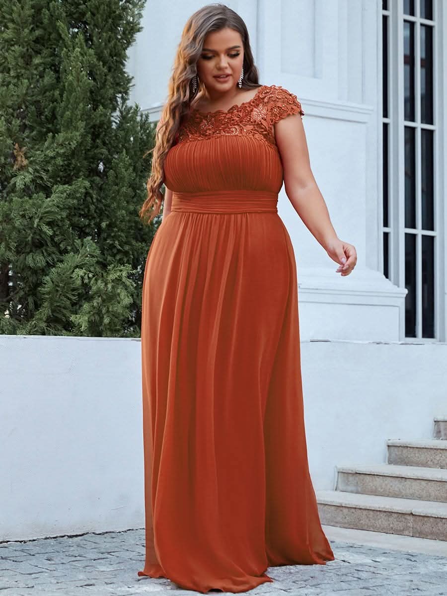 Color=Gebrannte Orange | Plus Size Damen Lace Kurzarme Chiffon Lange Abendkleider 09993-Gebrannte Orange 4