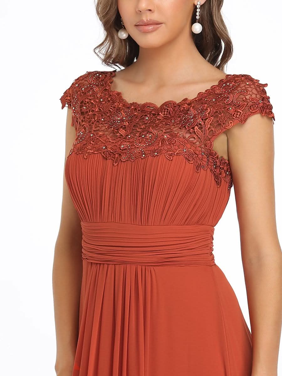 Damen Kurzarm Spitze&Chiffon Lange Abendkleider mit offenem Rücken 09996 #farbe_Gebrannte Orange