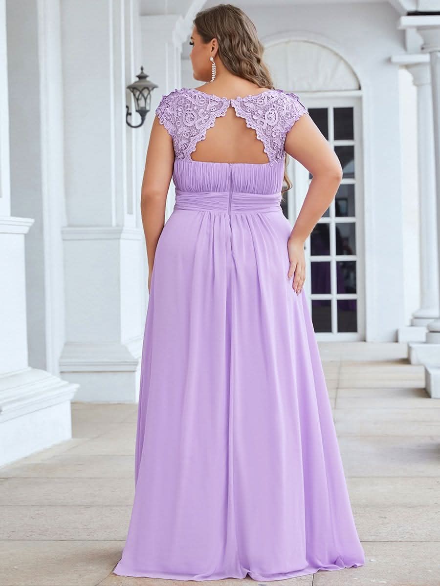 Color=Violett | Plus Size Damen Lace Kurzarme Chiffon Lange Abendkleider 09993-Violett 2