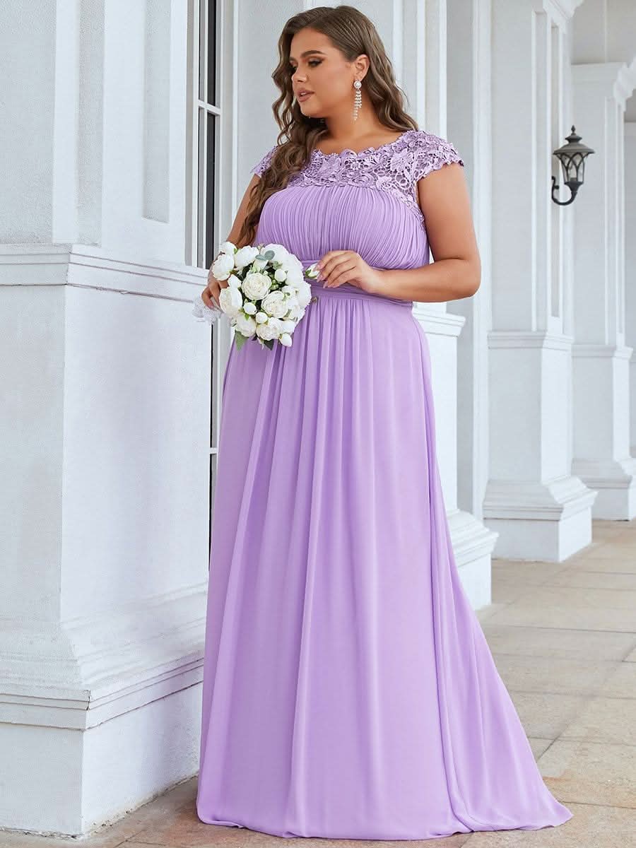 Color=Violett | Plus Size Damen Lace Kurzarme Chiffon Lange Abendkleider 09993-Violett 3