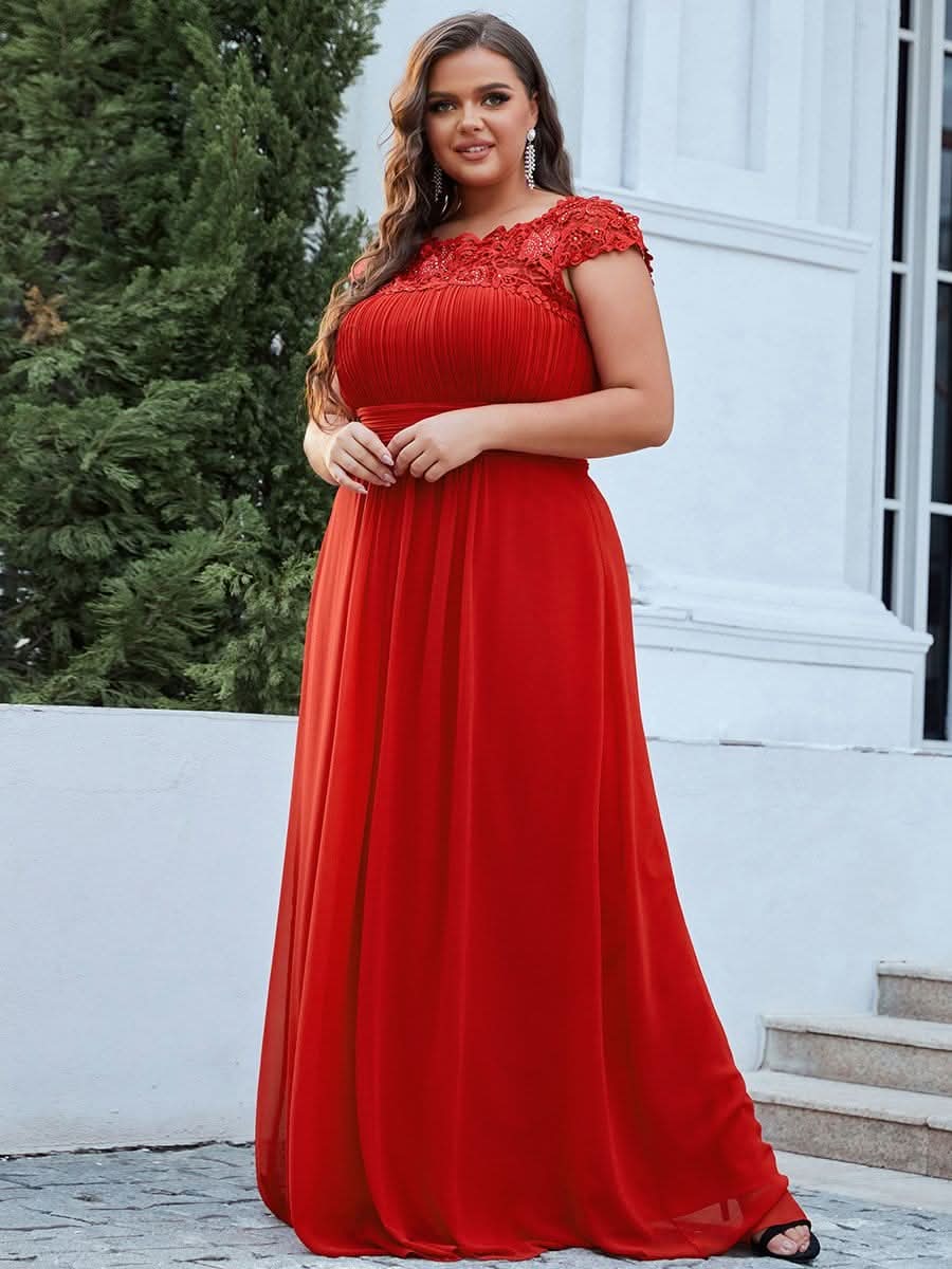 Color=Rot | Plus Size Damen Lace Kurzarme Chiffon Lange Abendkleider 09993-Rot 1