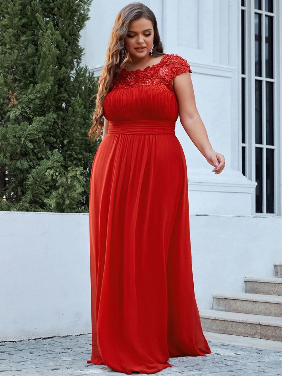 Color=Rot | Plus Size Damen Lace Kurzarme Chiffon Lange Abendkleider 09993-Rot 3