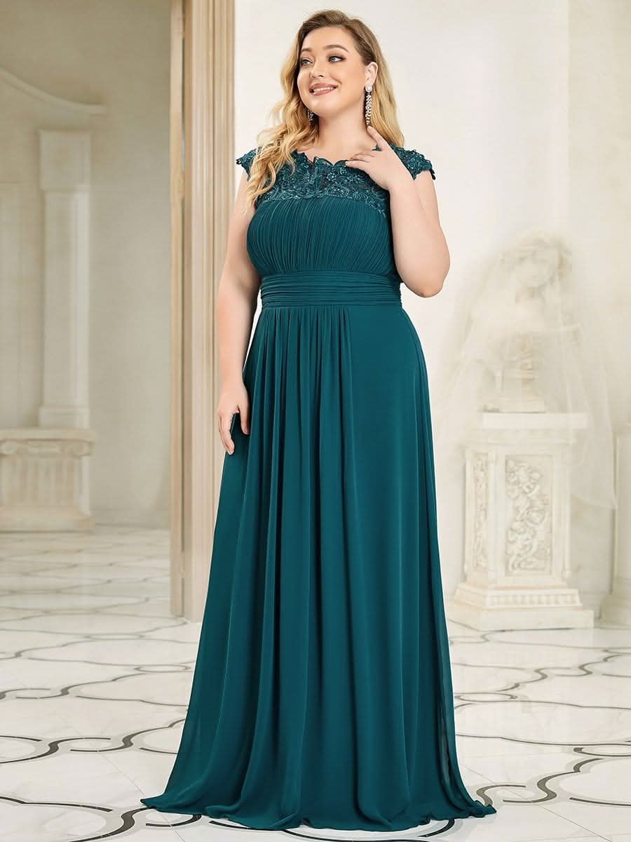 Color=Teal | Plus Size Damen Lace Kurzarme Chiffon Lange Abendkleider 09993-Teal 3