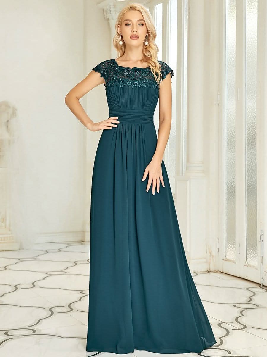 Damen Kurzarm Spitze&Chiffon Lange Abendkleider mit offenem Rücken 09996 #farbe_Teal