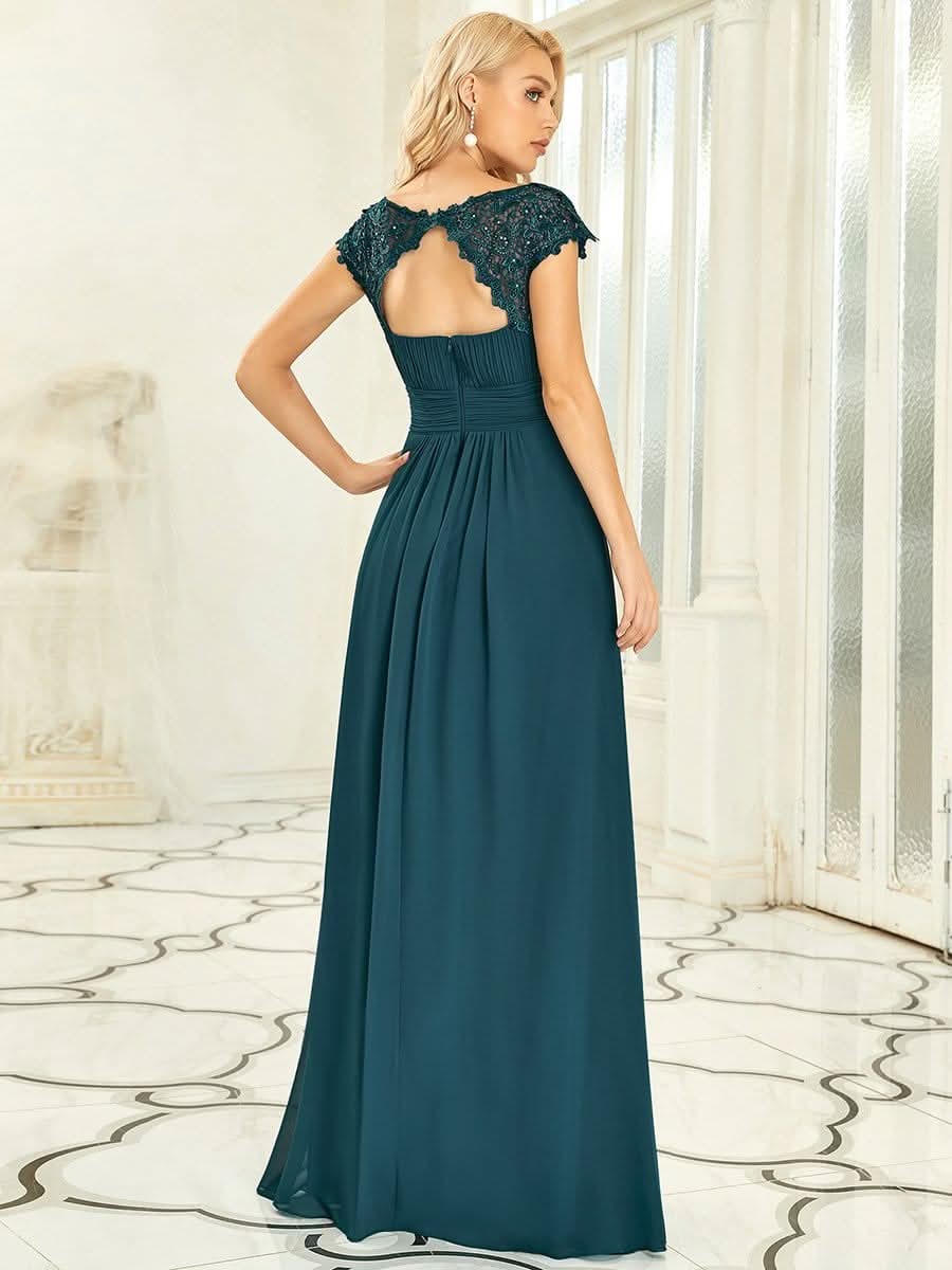 Damen Kurzarm Spitze&Chiffon Lange Abendkleider mit offenem Rücken 09996 #farbe_Teal