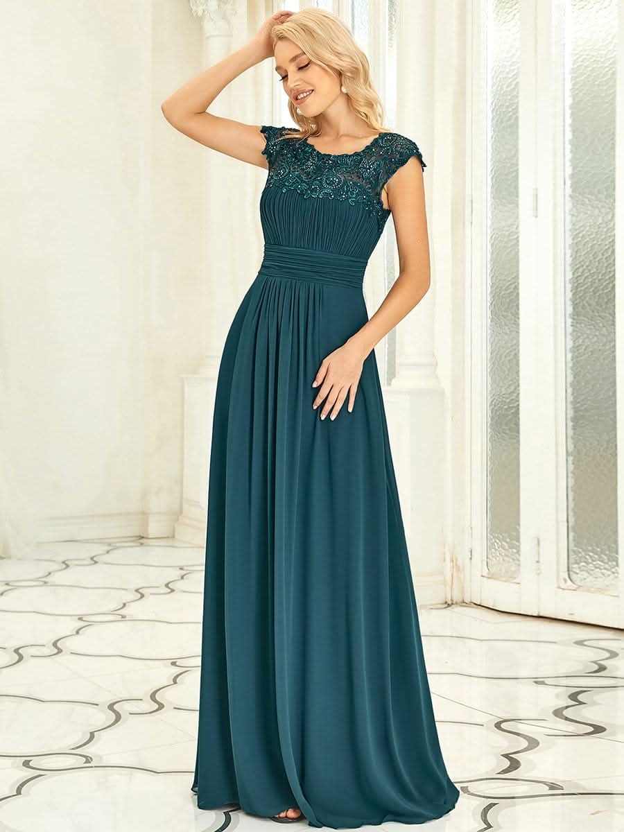 Damen Kurzarm Spitze&Chiffon Lange Abendkleider mit offenem Rücken 09996 #farbe_Teal