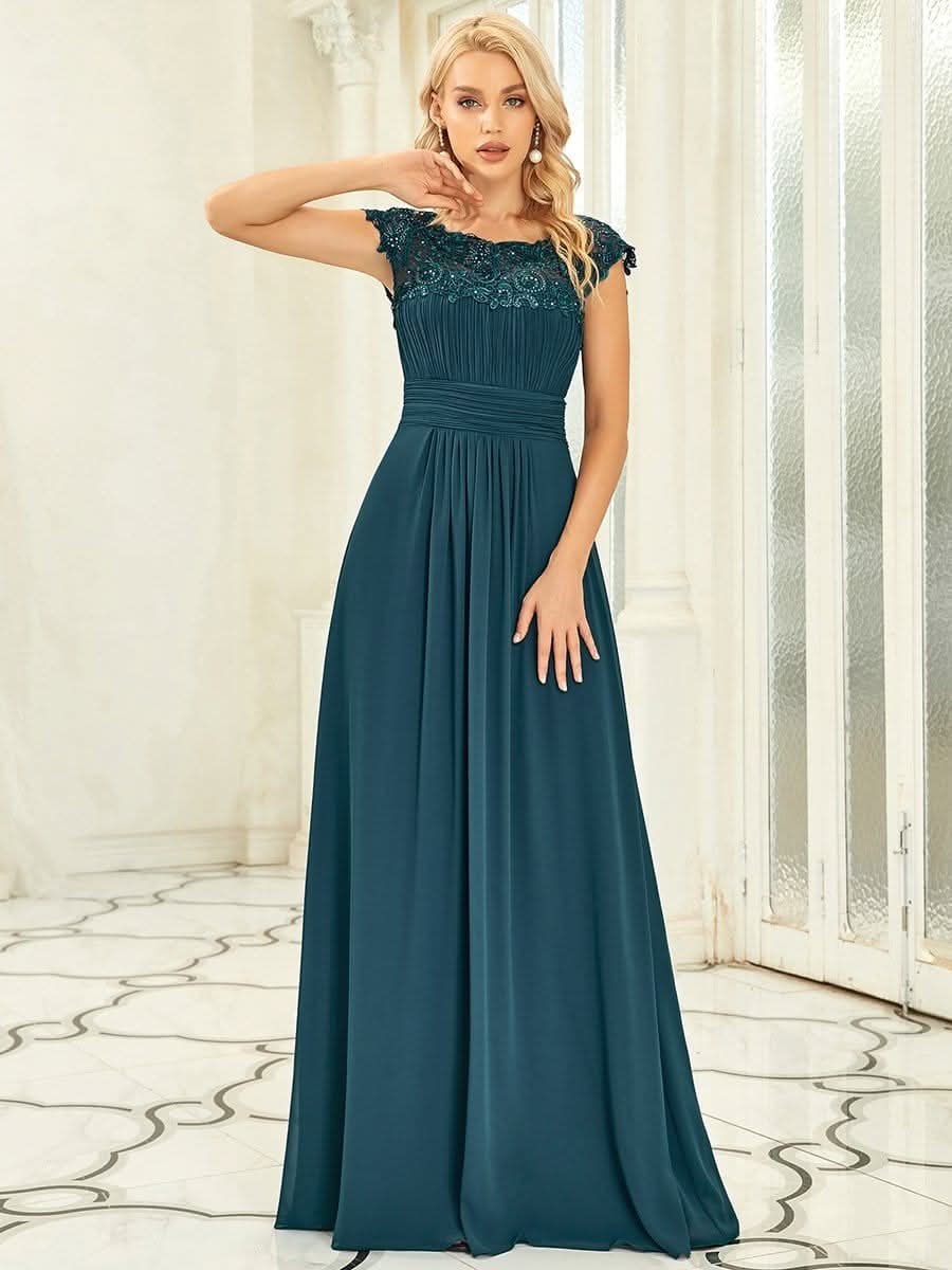 Damen Kurzarm Spitze&Chiffon Lange Abendkleider mit offenem Rücken 09996 #farbe_Teal