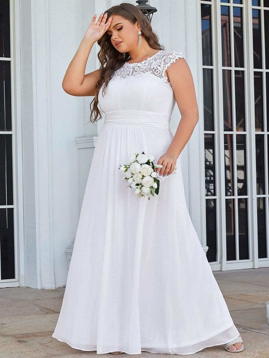 Color=Weiss | Plus Size Damen Lace Kurzarme Chiffon Lange Abendkleider 09993-Weiss 3