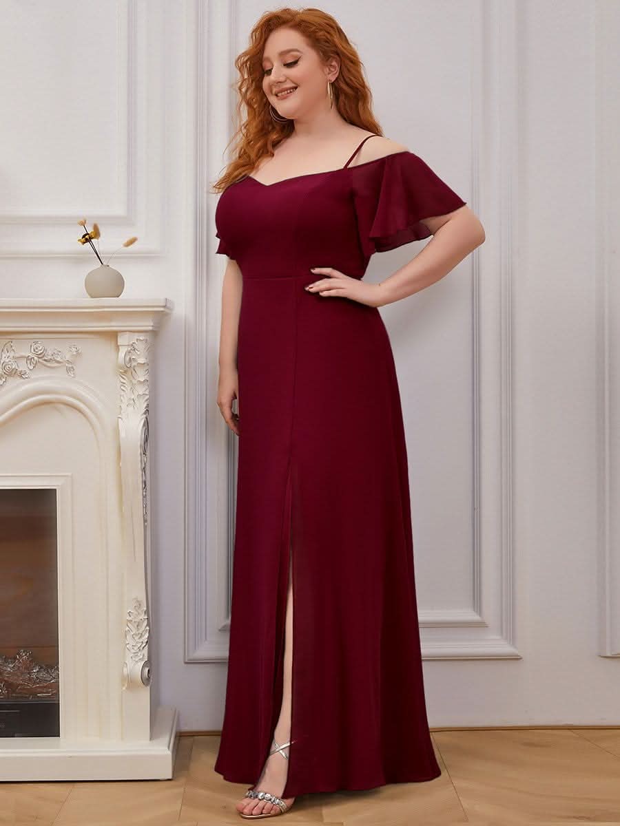 Color=Burgundy | Plus-Size-Abendkleid mit kaltem Schulter-V-Ausschnitt und seitlichem Schlitz 00237-Burgundy 3