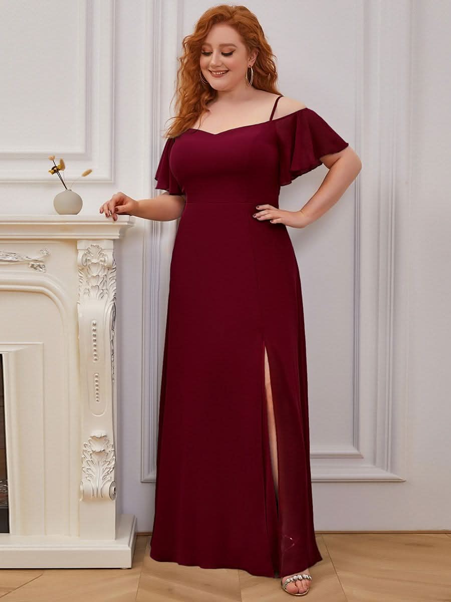 Color=Burgundy | Plus-Size-Abendkleid mit kaltem Schulter-V-Ausschnitt und seitlichem Schlitz 00237-Burgundy 4