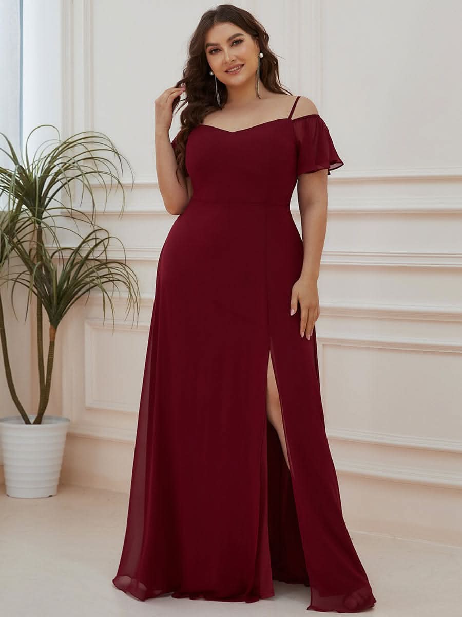 Color=Burgundy | Plus-Size-Abendkleid mit kaltem Schulter-V-Ausschnitt und seitlichem Schlitz 00237-Burgundy 6