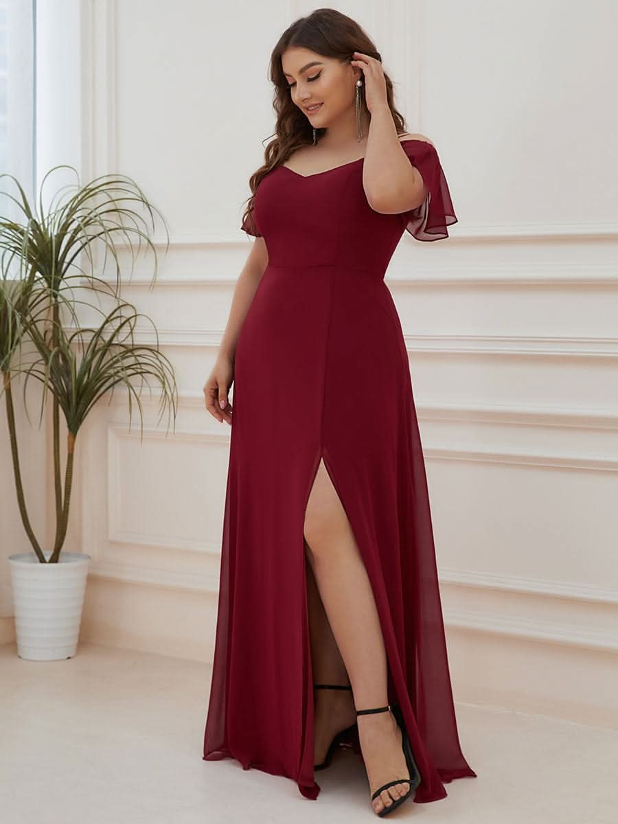 Color=Burgundy | Plus-Size-Abendkleid mit kaltem Schulter-V-Ausschnitt und seitlichem Schlitz 00237-Burgundy 8
