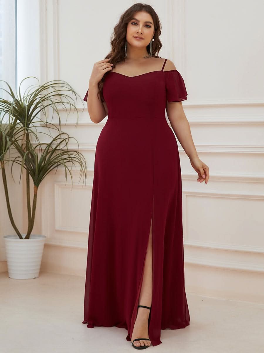 Color=Burgundy | Plus-Size-Abendkleid mit kaltem Schulter-V-Ausschnitt und seitlichem Schlitz 00237-Burgundy 9