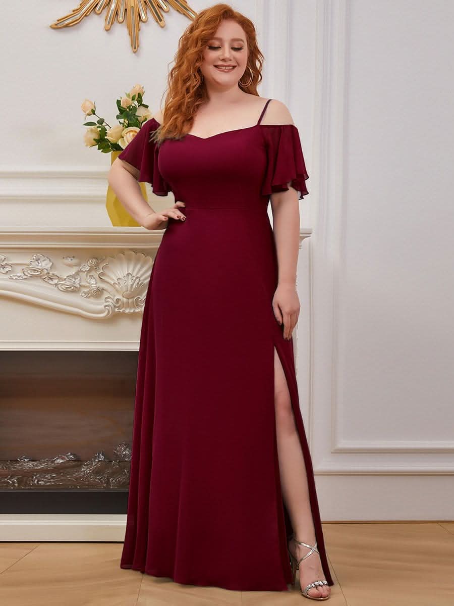 Color=Burgundy | Plus-Size-Abendkleid mit kaltem Schulter-V-Ausschnitt und seitlichem Schlitz 00237-Burgundy 1