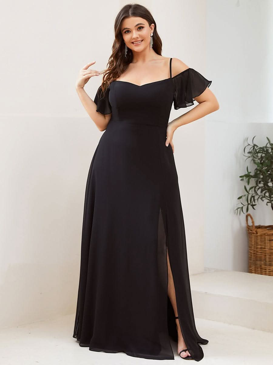 Color=Schwarz | Plus-Size-Abendkleid mit kaltem Schulter-V-Ausschnitt und seitlichem Schlitz 00237-Schwarz 1