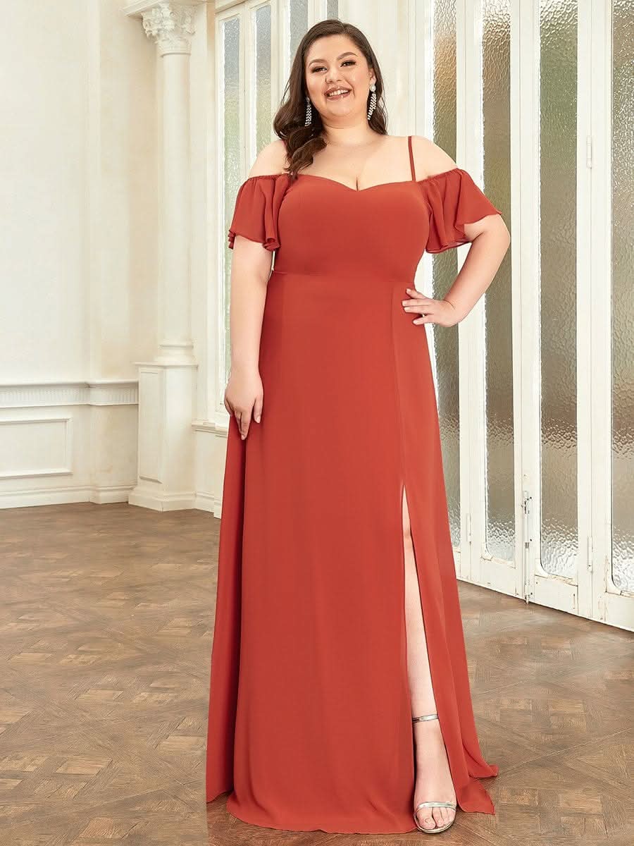 Color=Gebrannte Orange | Plus-Size-Abendkleid mit kaltem Schulter-V-Ausschnitt und seitlichem Schlitz 00237-Gebrannte Orange 1