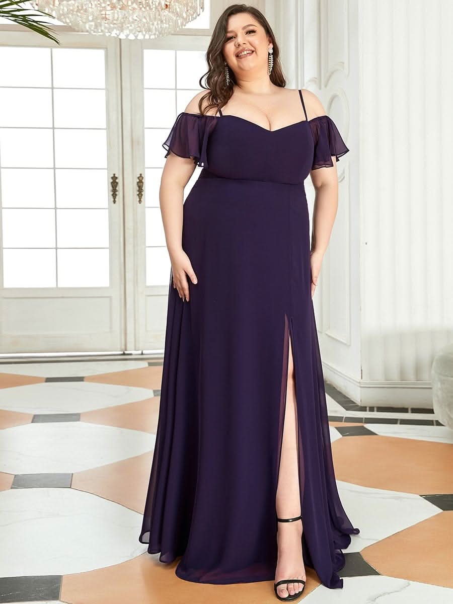 Color=Dunkel Violett | Plus-Size-Abendkleid mit kaltem Schulter-V-Ausschnitt und seitlichem Schlitz 00237-Dunkel Violett 3