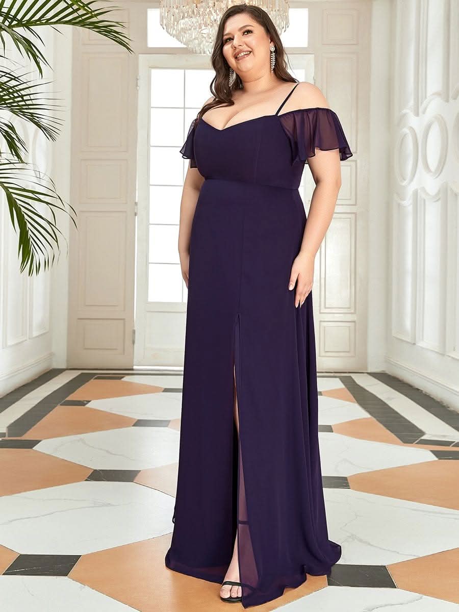 Color=Dunkel Violett | Plus-Size-Abendkleid mit kaltem Schulter-V-Ausschnitt und seitlichem Schlitz 00237-Dunkel Violett 4