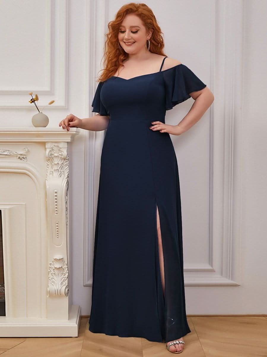 Color=Navy Blau | Plus-Size-Abendkleid mit kaltem Schulter-V-Ausschnitt und seitlichem Schlitz 00237-Navy Blau 4