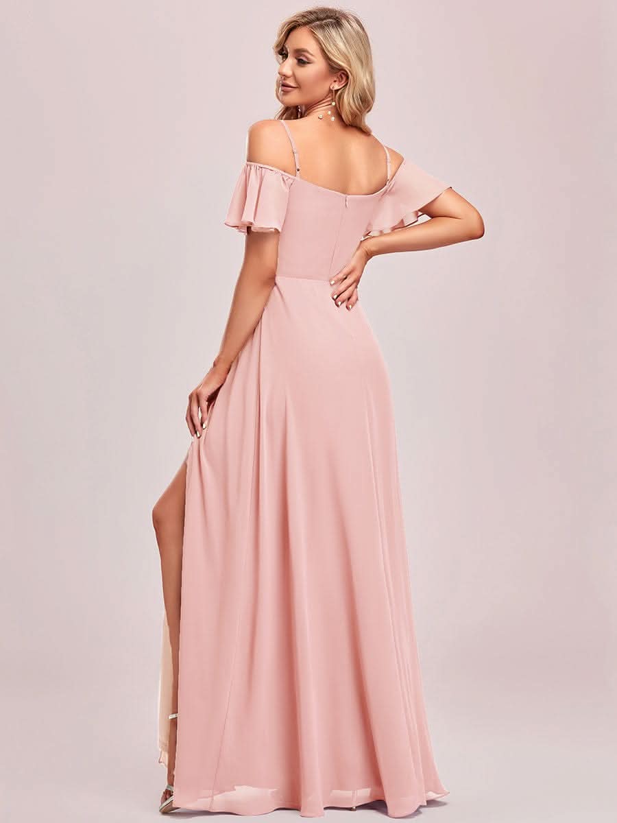 Color=Rosa | Stilvolles bodenlanges Brautjungfernkleid mit kalter Schulter und seitlichem Schlitz 00237-Rosa 2