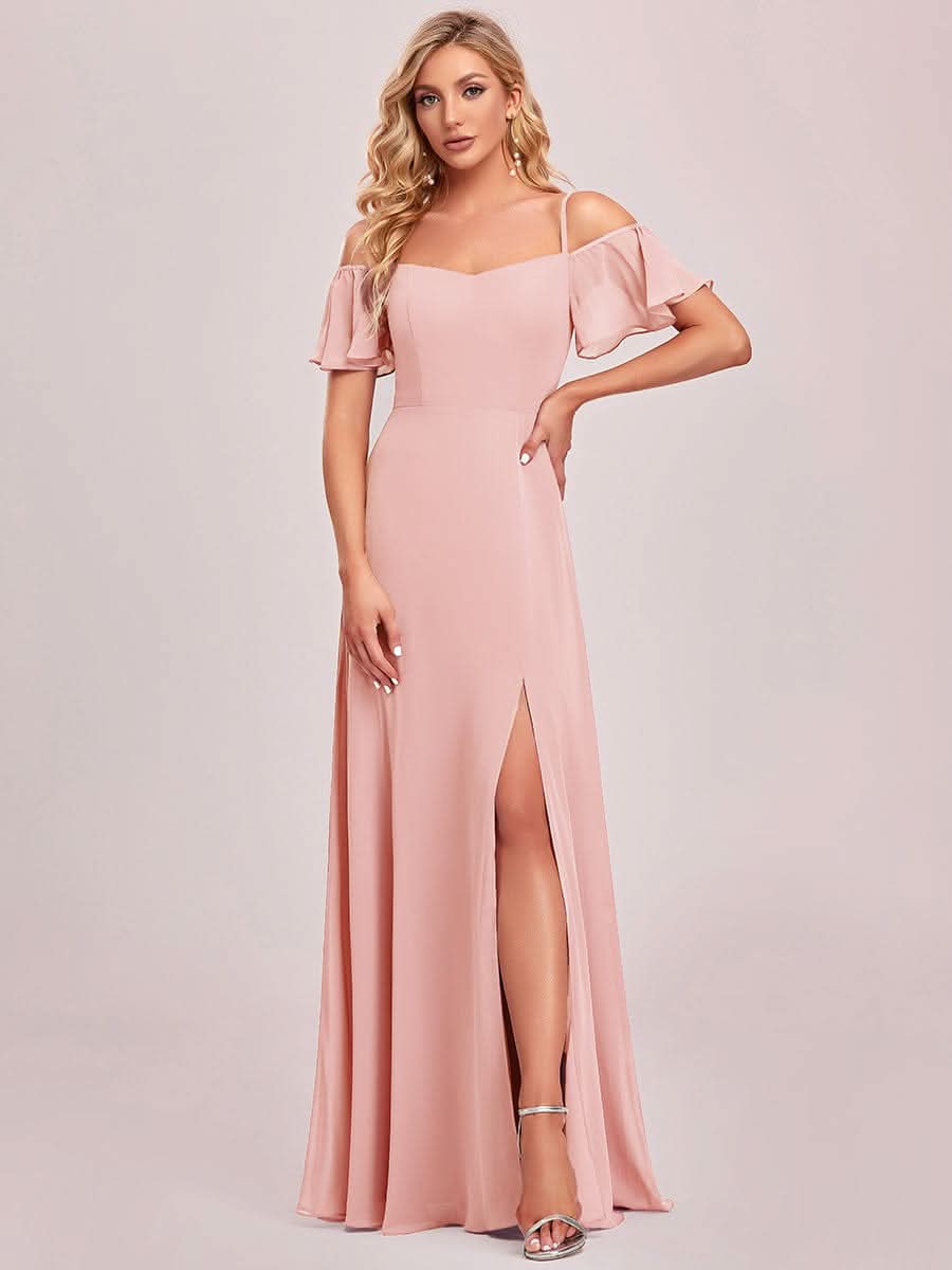 Color=Rosa | Stilvolles bodenlanges Brautjungfernkleid mit kalter Schulter und seitlichem Schlitz 00237-Rosa 4