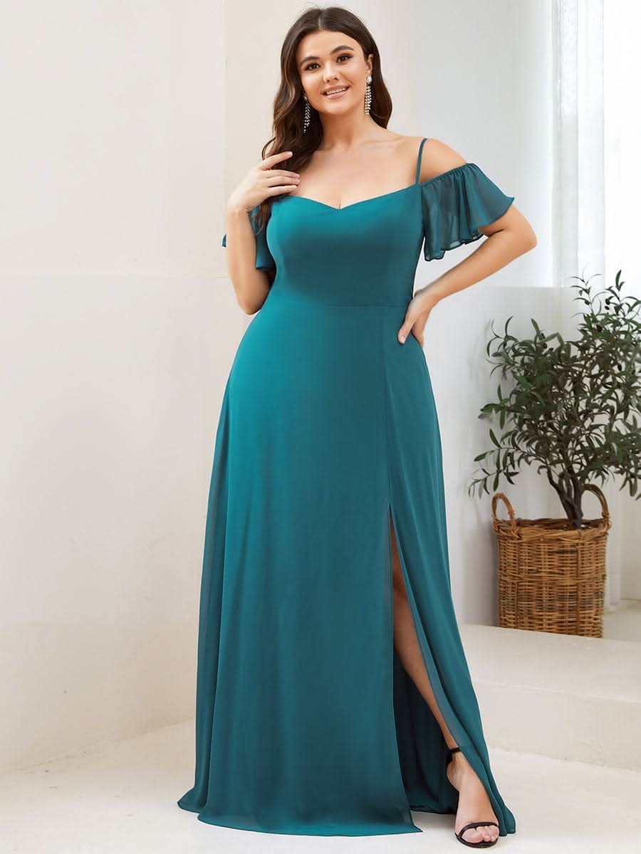 Color=Teal | Plus-Size-Abendkleid mit kaltem Schulter-V-Ausschnitt und seitlichem Schlitz 00237-Teal 1