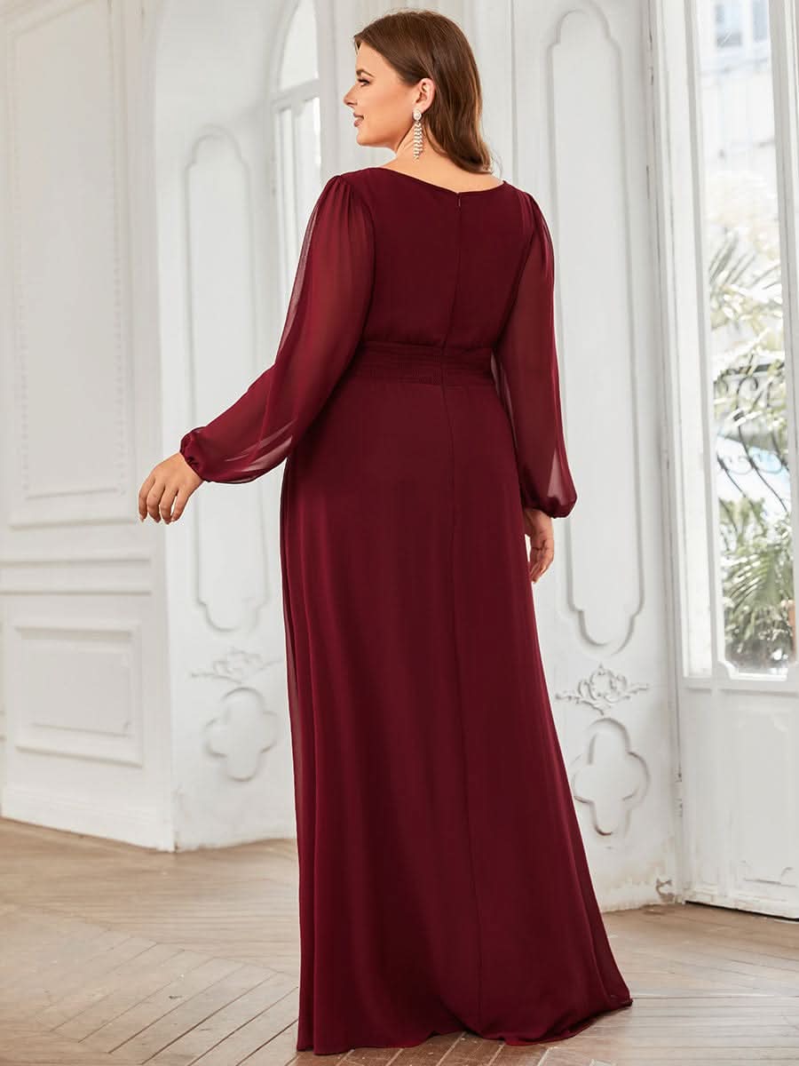 Plus Size Rundhals Bodenlaenge Langarm Brautjungfernkleider #farbe_Burgundy