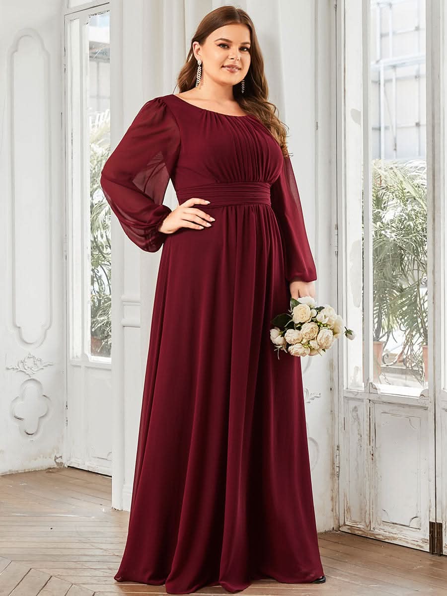 Plus Size Rundhals Bodenlaenge Langarm Brautjungfernkleider #farbe_Burgundy