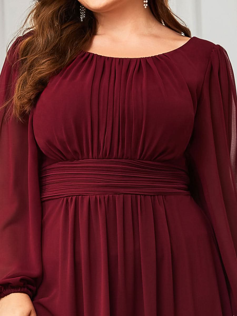 Plus Size Rundhals Bodenlaenge Langarm Brautjungfernkleider #farbe_Burgundy